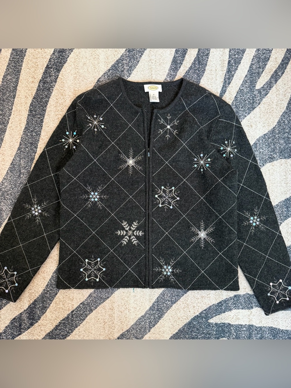 Talbots Wool Cardigan Women’s Size M Black Snowflake Holiday Christmas
